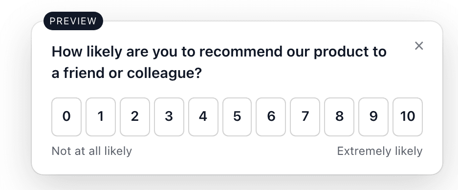 Keep's NPS widget asking “How likely are you to recommend our product to a friend or colleague?”, with the 0 to 10 scale.